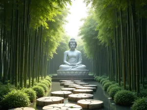 Bamboo Buddha Retreat - Wide-angle view of a peaceful garden space with a large white Buddha statue framed by tall bamboo groves and stepping stones