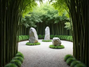 Bamboo-Framed Rock Garden - A peaceful rock garden viewed through an archway of bamboo, featuring three groups of standing stones in raked gravel with dwarf mondo grass accents