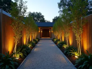 Bamboo Screen Privacy - Wide angle shot of a front yard boundary created with tall bamboo screens, incorporating simple gravel paths and strategic lighting