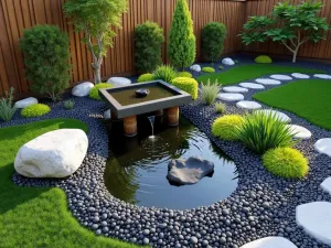 Bamboo Water Feature Front Garden - An aerial view of a front yard zen garden featuring a bamboo water fountain surrounded by black polished pebbles, moss gardens, and standing stones, creating a peaceful atmosphere