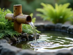 Bamboo Water Feature - Close-up of a traditional bamboo water fountain (shishi-odoshi) in a zen garden, water dropping into a natural stone basin surrounded by ferns and small pebbles, soft afternoon lighting