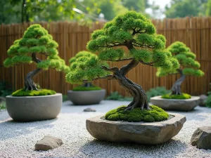 Bonsai Display Garden - Wide shot of a zen garden featuring multiple bonsai trees displayed on natural stone pedestals, with a raked gravel base and bamboo fence background