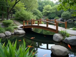 Bridge and Koi Pond - Traditional wooden arched bridge over a still koi pond, surrounded by carefully placed rocks and Japanese forest grass, viewed from a low angle