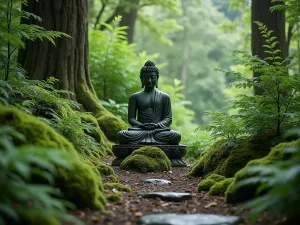 Buddha Forest Meditation - A secluded Buddha statue in a natural forest setting with Japanese forest grass, ferns, and moss-covered stones