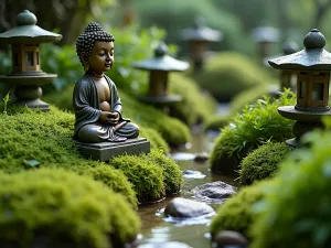 Buddha Moss Garden - An intimate view of a moss garden with a small Buddha statue nestled among various types of moss, small ferns, and traditional stone lanterns