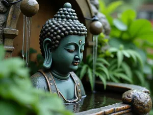 Buddha Rain Garden - Close-up of a Buddha statue with rain chains and water features, surrounded by moisture-loving ferns and hostas