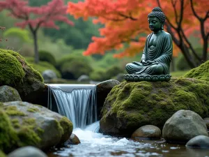 Buddha Rock Waterfall - A small waterfall cascading near a weathered Buddha statue, surrounded by Japanese maples and moss-covered rocks