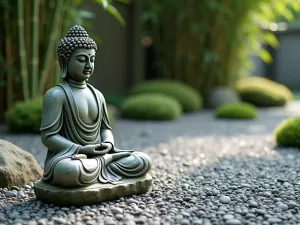 Buddha Statue Meditation Corner - A serene meditation corner in a zen garden featuring a weathered stone Buddha statue surrounded by carefully raked gravel patterns, with bamboo and small moss mounds in the background, soft natural lighting