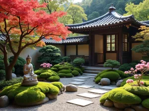 Buddha Tea Garden - An intimate tea garden setting with a small Buddha statue, traditional tea house, and carefully arranged azaleas and maple trees