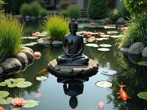 Buddha Water Garden - Aerial view of a tranquil water garden featuring a seated Buddha reflection in a koi pond, surrounded by water lilies and ornamental grasses