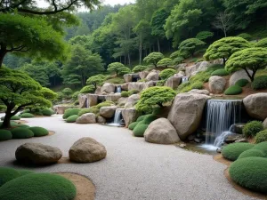 Cascading Garden Levels - Wide-angle view of multiple terraced levels in a zen garden, featuring dry waterfalls made of stone, cloud-pruned shrubs, and gravel patterns