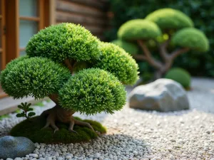 Cloud-Pruned Evergreen Display - Close-up shot of masterfully cloud-pruned Japanese holly bushes in a front yard zen garden, set against a backdrop of raked gravel patterns and small rock formations