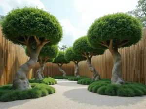 Cloud Tree Garden - Wide view of meticulously shaped cloud trees (niwaki) creating sculptural forms against a backdrop of bamboo screening, with ground cover of fine gravel