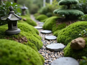 Compact Tea Garden - Eye-level view of a miniature tea garden with stepping stones, moss ground cover, and a small stone lantern, all contained within a 8x8 foot space