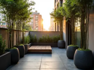 Container Zen Meditation Space - A peaceful urban terrace with potted black bamboo, granite containers, and a small wooden meditation platform, shot at eye level during golden hour