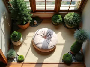 Contemplation Corner - Aerial shot of a tiny corner meditation space with a single zafu cushion, surrounded by potted dwarf conifers and a small sand garden