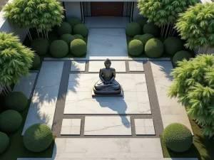 Contemporary Buddha Plaza - Aerial view of a modern zen garden featuring a large Buddha statue in a minimalist plaza with geometric patterns in gray gravel and perfectly spaced bamboo