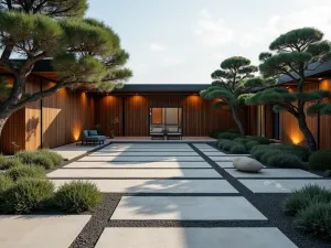 Contemporary Zen Courtyard - Wide-angle view of a contemporary zen courtyard with geometric concrete pavers, strategic lighting, and cloud-pruned juniper trees creating dramatic shadows