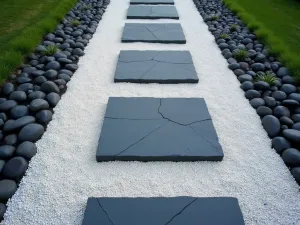 Contemporary Zen Rock Path - Aerial view of a modern zen garden pathway with large rectangular slate stepping stones set in a geometric pattern within fine white gravel, bordered by black river rocks