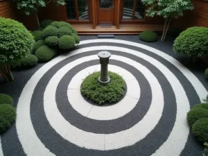 Courtyard Rock Garden - Aerial view of a small courtyard zen garden with a spiral pattern of white and black gravel, centered around a single upright stone column