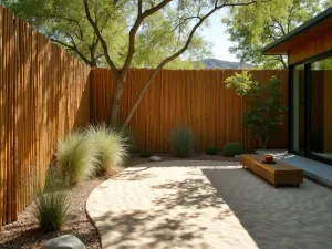 Desert Bamboo Screen - Natural bamboo privacy screen creating dappled shadows on raked sand, with drought-resistant Mexican feather grass and local desert stones