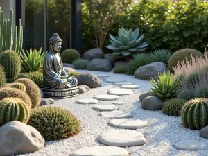 Desert Buddha Zen - A modern interpretation of a zen garden with a Buddha statue among carefully arranged succulents, cacti, and white gravel in a drought-resistant design