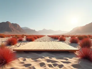 Desert Contemplation Deck - Wide-angle view of a floating wooden deck over raked sand, surrounded by red yucca and desert spoon plants, with mountain views