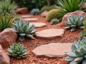 Desert-Inspired Zen Space - Close-up of a zen garden section inspired by desert landscapes, using red sandstone rocks, copper-colored gravel, and small clusters of drought-resistant succulents