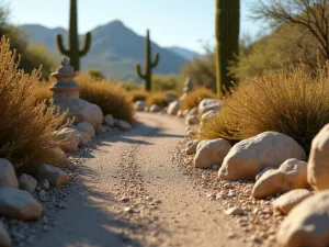 Desert Rock Garden Path - Close-up of a winding gravel path through carefully placed desert boulders, lined with golden barrel cacti and desert sage, leading to a stone lantern