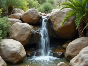 Desert Rock Waterfall - Natural stone waterfall with minimal water flow over desert rocks, surrounded by desert ferns and elephant's food plants