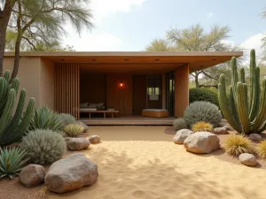 Desert Tea Garden - Close-up of a traditional Japanese tea house adapted to desert style, surrounded by sculptural ocotillo plants and raked golden sand