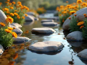 Desert Zen Pool - Close-up of a shallow reflection pool with stepping stones, bordered by smooth river rocks and flowering desert marigolds