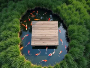 Floating Zen Platform - Aerial view of a wooden platform appearing to float over a small pond with koi fish, surrounded by compact Japanese forest grass