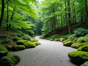 Forest Edge Rock Garden - Wide angle view of a zen garden transitioning into a wooded area, with moss-covered rocks and raked gravel meeting natural forest ground cover