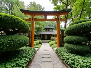 Gateway to Zen - Wide angle shot of a traditional wooden torii gate entrance to a front yard zen garden, framed by cloud-pruned boxwoods and leading to a gravel path