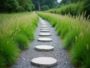 Linear Zen Path - Wide-angle view of a narrow stepping stone path through fine gravel, bordered by low-growing Japanese sedge grass