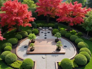 Maple Grove Meditation Space - Aerial view of a front yard meditation area surrounded by Japanese maple trees, featuring a wooden platform, gravel patterns, and strategically placed bonsai displays