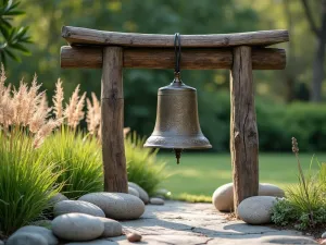 Meditation Bell Corner - A peaceful corner featuring a traditional bronze meditation bell hanging from a simple wooden structure, surrounded by ornamental grasses and smooth stones