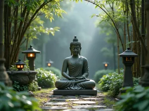 Meditation Corner with Buddha - An intimate garden meditation space with a weathered stone Buddha statue nestled among bamboo stands and stone lanterns, with mist creating an ethereal atmosphere