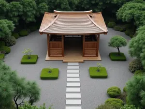 Meditation Pavilion - Aerial view of a wooden meditation pavilion with traditional curved roof, surrounded by symmetrical gravel patterns and small island-like plantings of moss and stones