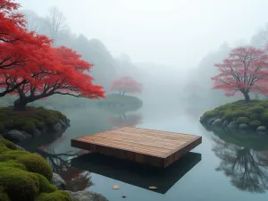 Meditation Platform Garden - Wide-angle view of a wooden meditation platform floating over a small pond, surrounded by Japanese maples and cloud-pruned junipers, misty morning atmosphere