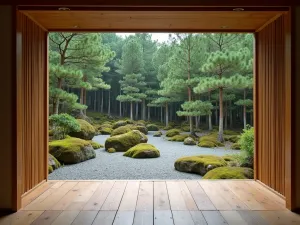 Meditation Platform View - Elevated wooden meditation platform overlooking a carefully composed landscape of raked gravel, moss-covered rocks, and dwarf pines, framed by bamboo screens