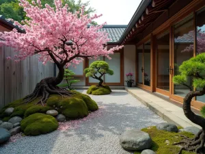 Micro Rock Garden - Wide-angle view of a tiny courtyard featuring precisely arranged rocks, moss patches, and a single flowering cherry blossom bonsai