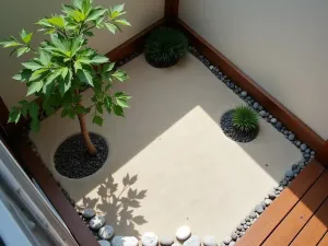 Miniature Zen Garden Corner - A small corner balcony transformed into a minimalist zen garden with a tiny raked sand pattern, single dwarf Japanese maple, and smooth river stones, photographed from above