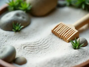 Miniature Zen Garden - Close-up view of a small desktop zen garden with fine white sand, miniature rake patterns, tiny rocks, and small air plants, clean studio lighting