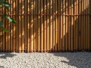 Minimalist Bamboo Screen - Close-up of a modern privacy screen made with bamboo stems and copper wire, casting dramatic shadows on light gravel