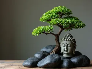 Minimalist Buddha Corner - Close-up of a simple corner arrangement featuring a concrete Buddha head among black river rocks and a single perfectly pruned bonsai