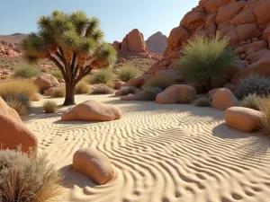 Minimalist Desert Zen Garden - A serene desert zen garden with carefully raked sand patterns surrounding smooth desert rocks and a single flowering Joshua tree, creating geometric shadows in the warm sunlight