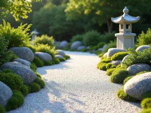 Minimalist Rock Garden Path - A serene zen garden path with carefully raked white gravel, bordered by large smooth river rocks and small clumps of moss, leading to a simple stone lantern, photorealistic, morning light