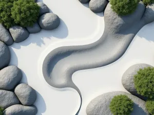 Minimalist Rock Garden - Aerial view of a contemporary minimalist rock garden with large granite boulders arranged in a flowing pattern amidst precisely raked white gravel, creating abstract patterns